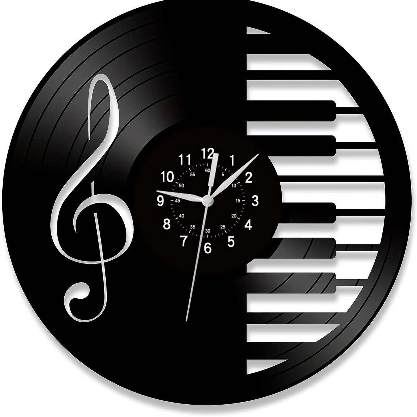 Luminous hands of the black vinyl wall clock at night